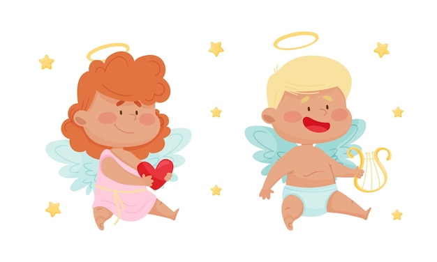 Cariñosos bebés ángeles con nimbus y alas encantadores niños angélicos ilustrados por vectores