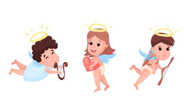 Cariñosos bebés ángeles con nimbus y set vectorial de alas