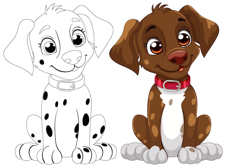 Vector cariñosos cachorros de dibujos animados antes y después de colorear