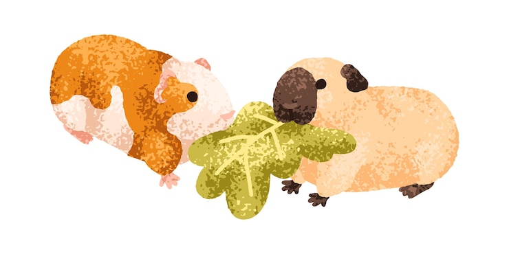 Vector cariñosos conejillos de indias una pareja de cavernas divertidas comiendo hojas juntos adorables pequeños roedores alimentándose animales de casa encantadores y acurrucados