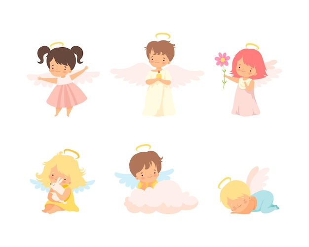 Cariñosos Niños Ángeles con Nimbus y Set Vector de Alas