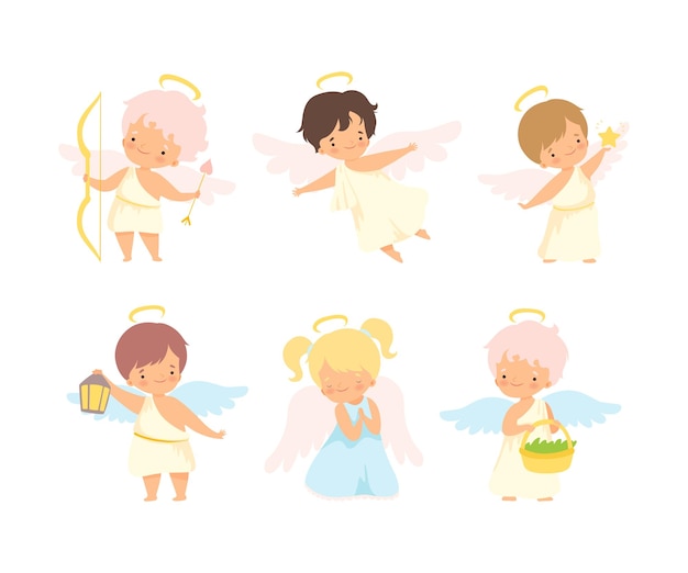 Cariñosos Niños Ángeles con Nimbus y Set Vector de Alas