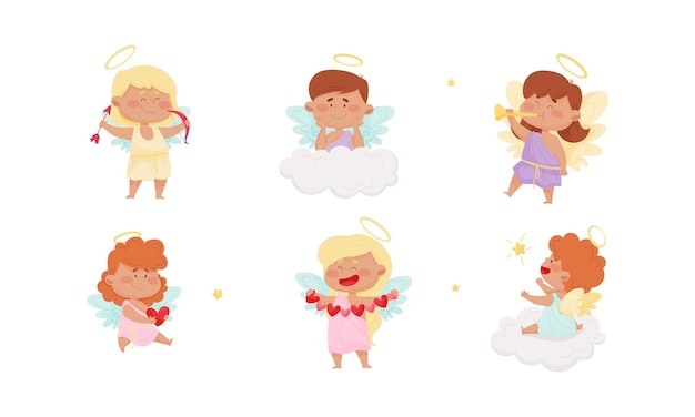 Cariñosos Niños Ángeles con Nimbus y Set Vector de Alas