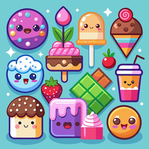 Cariñosos postres de dibujos animados en un fondo azul claro Hay 10 postres diferentes incluyendo cupcakes helados rosquillas y chocolate Cada postre tiene una cara sonriente