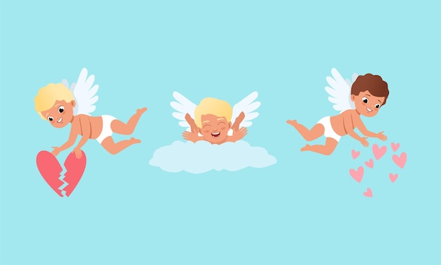 Cariñosos querubines con corazones Cariñosos chicos Cupido Personajes en diferentes acciones Ilustración vectorial de dibujos animados