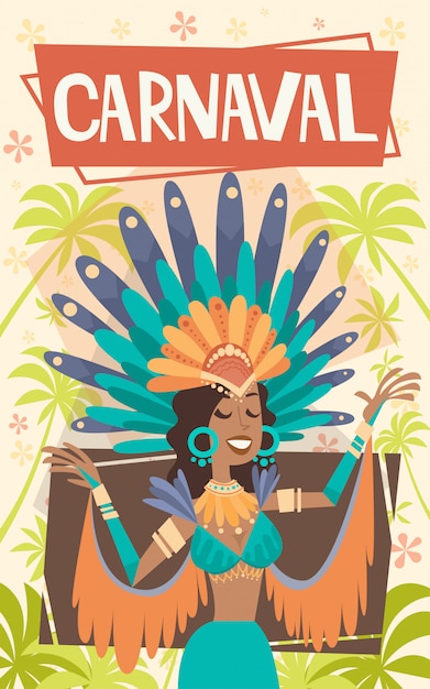 Carnaval de Brasil Mujer Latina Vestir Traje Brillante Ilustración tradicional de la fiesta de Río