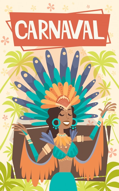 Carnaval de brasil mujer latina vestir traje brillante ilustración tradicional de la fiesta de río