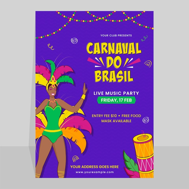 Carnaval de brasil tarjeta de invitación carnaval do brasil con personaje de bailarina de samba femenina y detalles del lugar