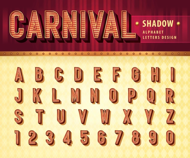 Carnaval circo parque de atracciones letras Alfabeto 3d retro con fuente de sombra Conjunto de letras de sombra condensada