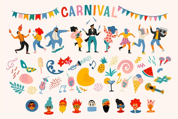 Vector carnaval. conjunto de vectores. personas en trajes de carnaval, rostros, máscaras, símbolos, formas abstractas