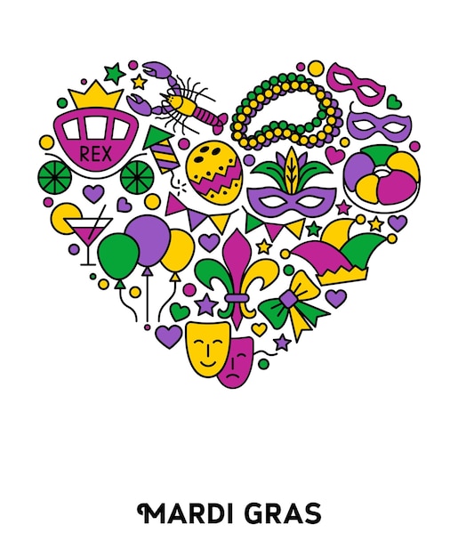 Vector carnaval de mardi gras composición en forma de corazón colección mardi gras máscara flor de lis decoraciones de fiestas de comedia y tragedia ilustración vectorial