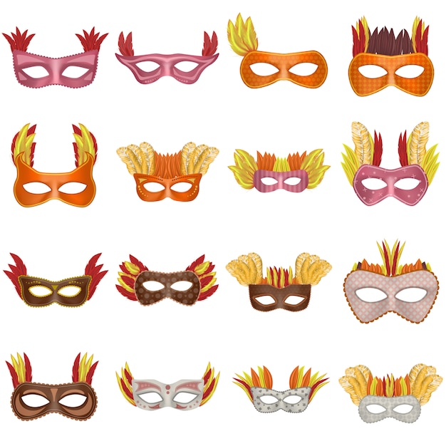 Carnaval máscara veneciana maqueta conjunto. Ilustración realista de 16 maquetas venecianas de máscara de carnaval para web