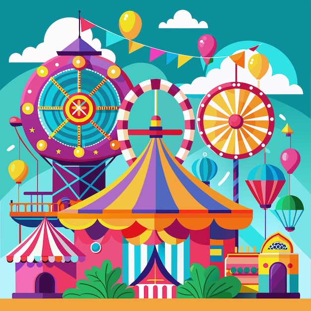 Carnaval vibrante con atracciones, juegos y decoraciones coloridas Ilustración