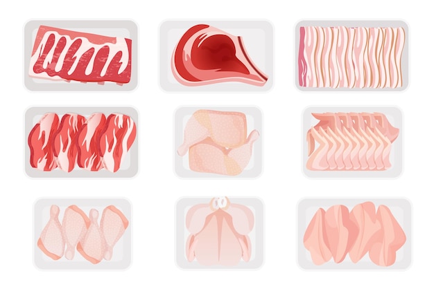 Carne cruda fresca en envases de plástico vista de arriba de las bandejas de la carnicería de los supermercados