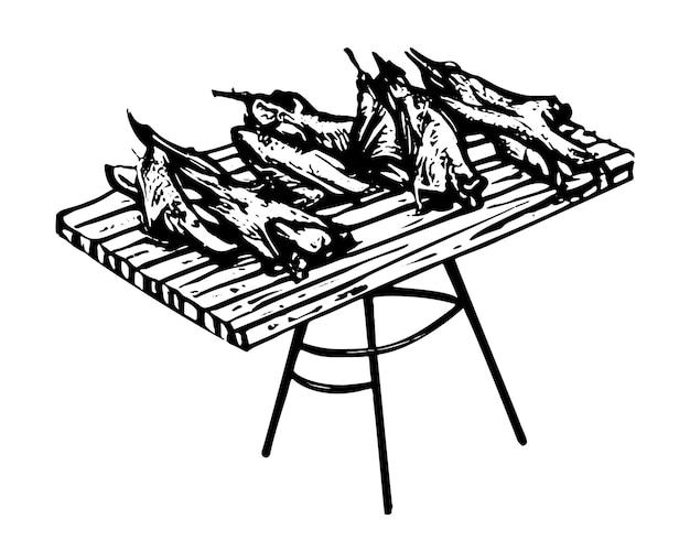 Carne dibujada a mano en mesa de madera