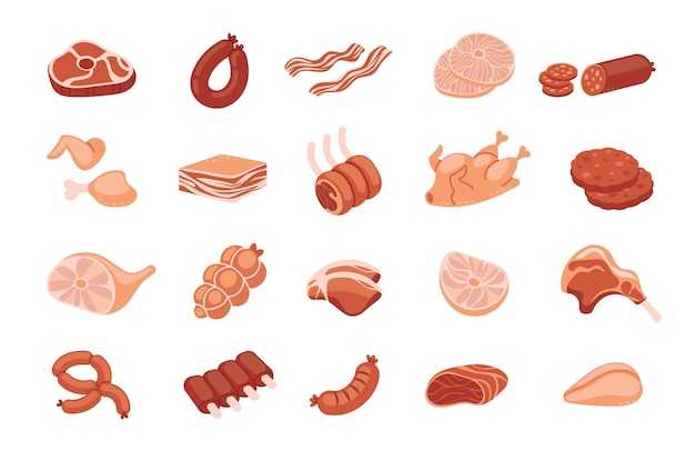 Carne de dibujos animados productos de carne de tipo culinario comestibles carne de cerdo cruda filetes de pollo pavo salchicha tocino salami jamón costillas de aves de corral cocina de barbacoa conjunto vectorial del mercado de carne