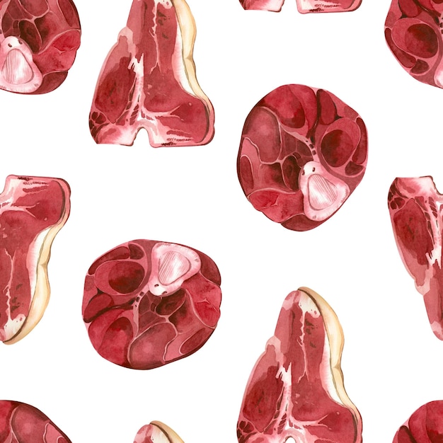 Carne con huesos bife chuletas de carne todos los objetos están dibujados a mano con acuarela acuarela sin costuras