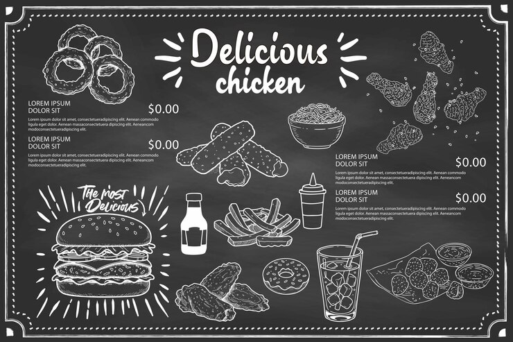 Vector carne de pollo frita elementos de diseño del menú de comida rápida