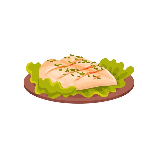 Carne de pollo a la parrilla servida con hojas de lechuga en un plato saboroso plato de aves de corral vector Ilustración aislada sobre un fondo blanco