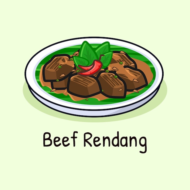 Carne rendang comida popular de padang indonesia arte de dibujos animados vectoriales