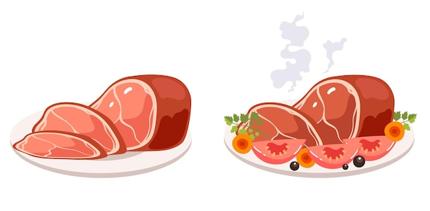 Vector carne de res cruda cocida carne de cerdo comida a la parrilla aislada concepto plano ilustración de diseño gráfico