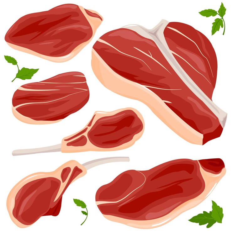 Vector carne roja cruda y filetes costillas cortadas rebanadas de carne de res cortada para cocinar y hornear