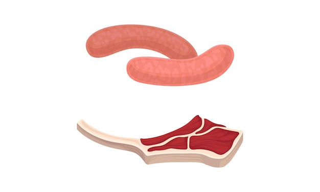 Carne con salchichas y costillas de res como alimento del conjunto de vectores de carnicería