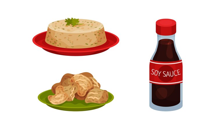 Vector carne de soja y queso tofu en un plato con salsa de soja en un conjunto vectorial de botellas