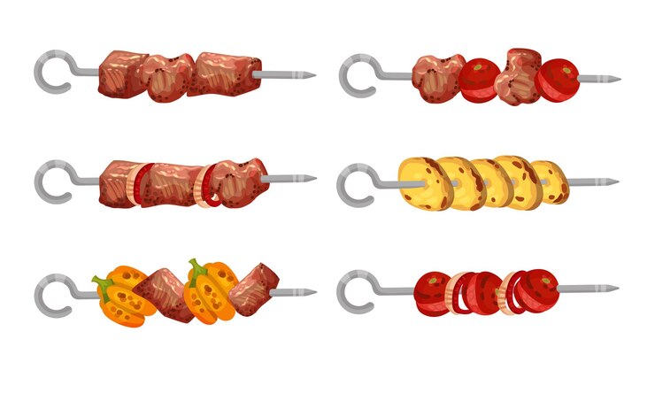 Vector carne y verduras picadas en un conjunto vectorial de espigas metálicas