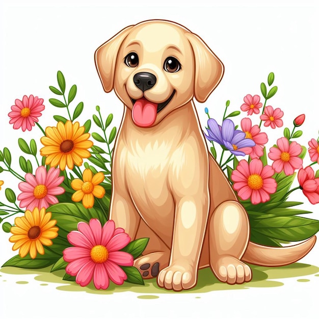 Caro labrador retriever perro y flores ilustración de dibujos animados vectorial