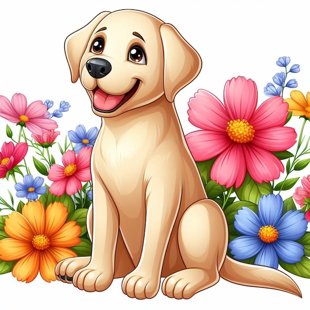 Caro Labrador Retriever Perro y Flores Ilustración de dibujos animados vectorial