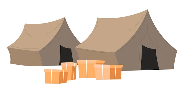 Carpa y cajas de cartón, campamento aislado con ayuda humanitaria para refugiados o personas pobres. Voluntariado u organización de ayudas contra la pobreza. Asistencia y apoyo financiero, vector en estilo plano