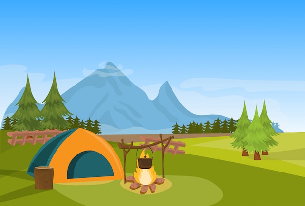 Carpa camping fuego bosque montaña expedición vacaciones concepto horizontal