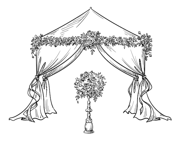 Carpa decorativa para una fiesta o boda con adornos florales, ilustración vectorial