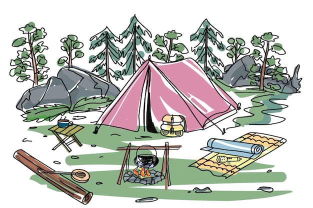 carpa en la ilustración de dibujo a mano de vector de dibujos animados de bosque