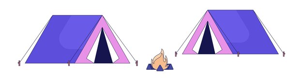 Carpas de campamento con línea de hoguera ilustración plana de dibujos animados recreación de campamento objetos lineales 2D aislados sobre fondo blanco campamento de senderismo campamento de ocio Zelten escena de campamento imagen vectorial en color