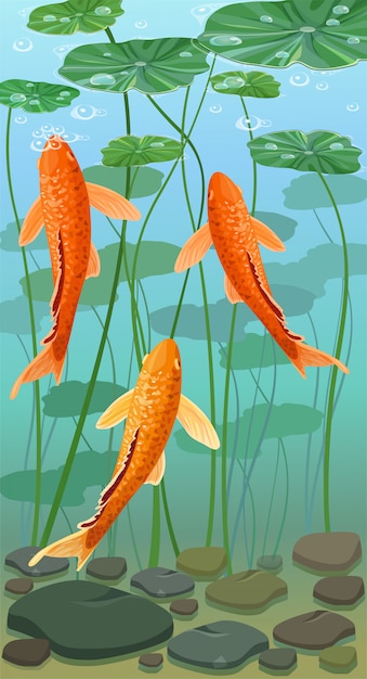 Carpas de dibujos animados peces koi. Vista submarina