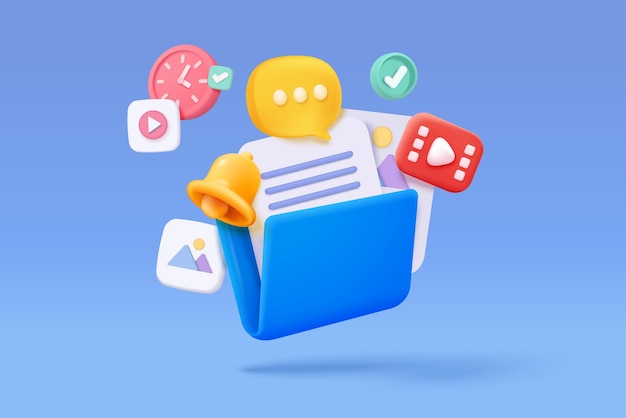 Carpeta 3D y papel para la gestión de archivos multimedia documento trabajo eficiente en el concepto del plan del proyecto Imagen y video documento icono de carpeta mínima imagen vectorial 3D en fondo azul aislado