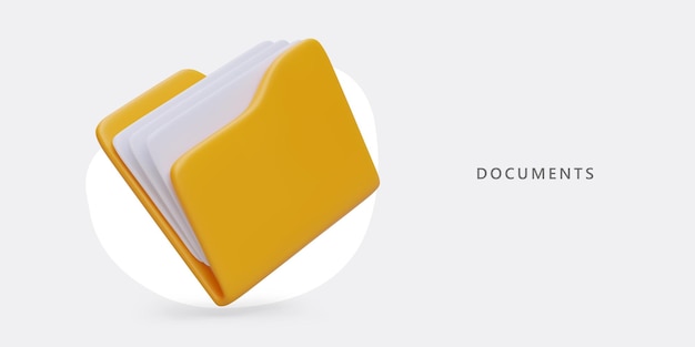 Carpeta amarilla 3D con documentos Clasificación y almacenamiento de archivos Archivado de datos