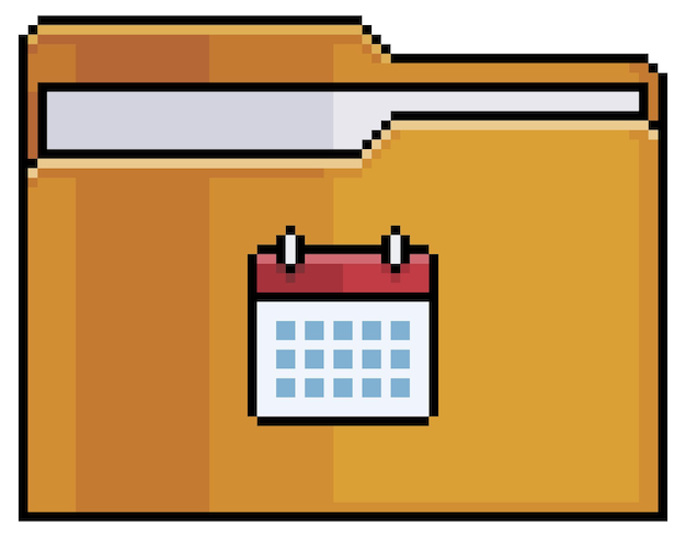 Carpeta de arte de píxeles con icono de calendario. icono de vector de carpeta de fecha para juego de 8 bits sobre fondo blanco