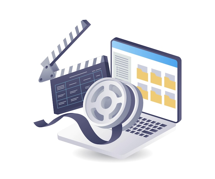 Vector carpeta de datos tecnología de edición de películas de video infografía ilustración 3d isométrica plana