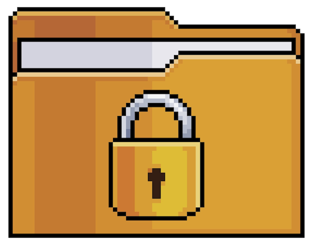 Carpeta de documentos seguros de Pixel art con icono de vector de candado para juego de 8 bits sobre fondo blanco