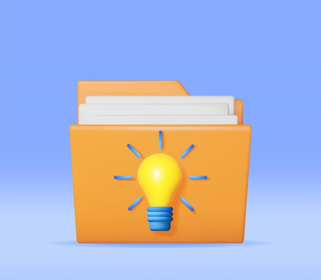 Carpeta de negocios 3D llena de papeles y bulbo de ideas
