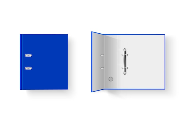 Carpeta de oficina vacía y en blanco azul realista cerrada y abierta Vector 3d con anillos de metal para hoja de papel A4 Primer plano aislado sobre fondo blanco Plantilla de diseño Mockup Vista superior