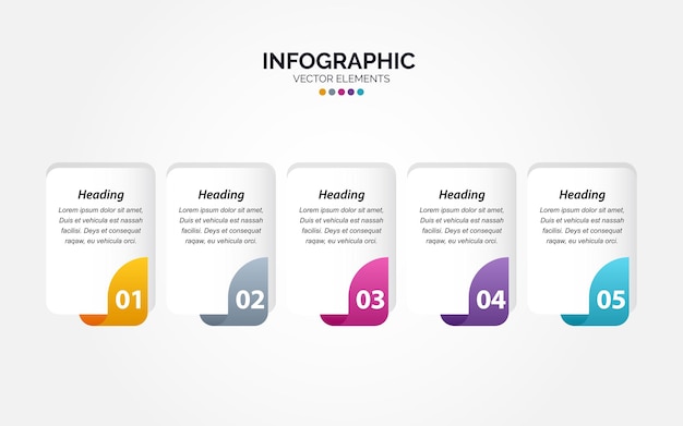Carpeta de plantillas coloridas de diseño vectorial de marketing comercial de infografía horizontal 5 opciones o pasos en un estilo mínimo