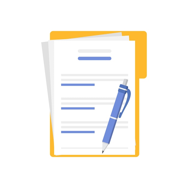 Carpeta de pluma de documentos con sello e icono de texto en estilo plano Papeles blancos ilustración vectorial en fondo aislado Concepto de negocio de signo de documento confirmado o aprobado