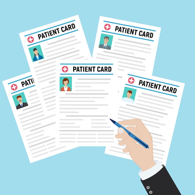 Carpeta con tarjeta de paciente y mano de médicos con lupa análisis de informe médico o ilustración de vector de concepto de prescripción en estilo plano