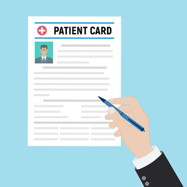 Carpeta con tarjeta de paciente y mano de médicos con lupa análisis de informe médico o ilustración de vector de concepto de prescripción en estilo plano