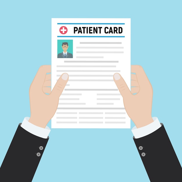 Carpeta con tarjeta de paciente y mano de médicos con lupa análisis de informe médico o ilustración de vector de concepto de prescripción en estilo plano