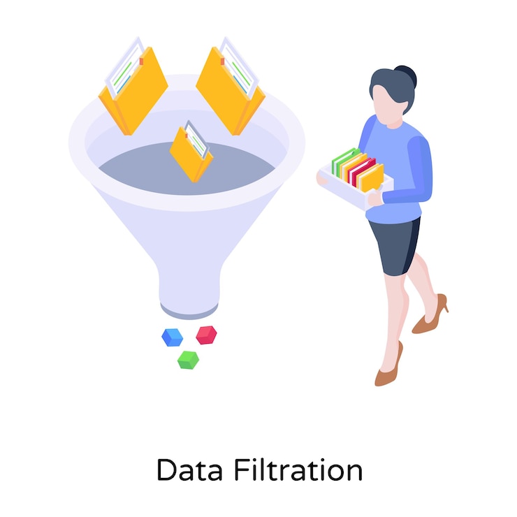 Vector carpetas con icono isométrico de embudo de filtración de datos